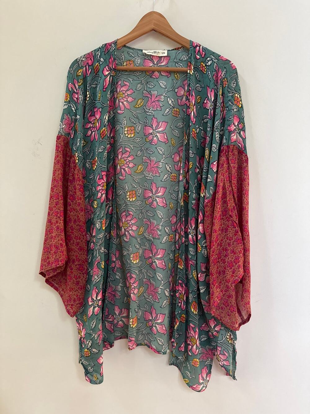 Natural Life Floral Kimono Open Cardigan Teal Pink Print BOHO S/M